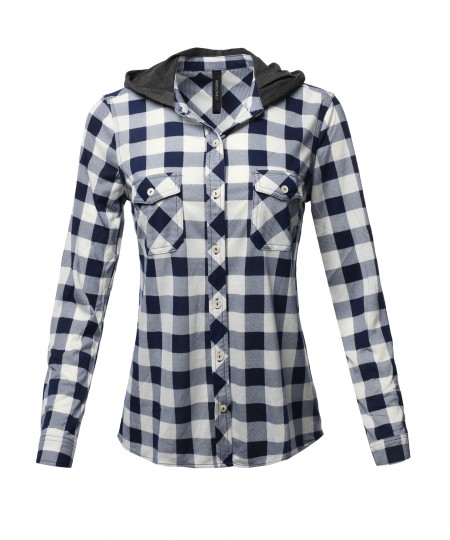 Women's Casual Plaid Checker Mandarin Collar Hoodie Shirt