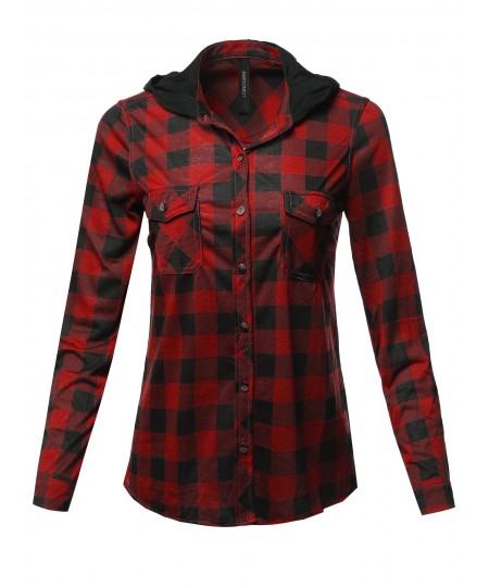 Women's Casual Plaid Checker Mandarin Collar Hoodie Shirt