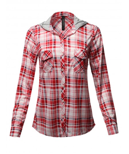 Women's Casual Plaid Checker Mandarin Collar Hoodie Shirt