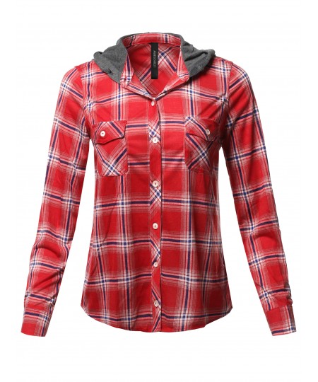 Women's Casual Plaid Checker Mandarin Collar Hoodie Shirt