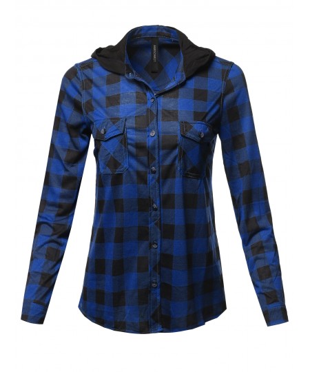 Women's Casual Plaid Checker Mandarin Collar Hoodie Shirt