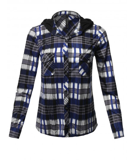 Women's Casual Plaid Checker Mandarin Collar Hoodie Shirt