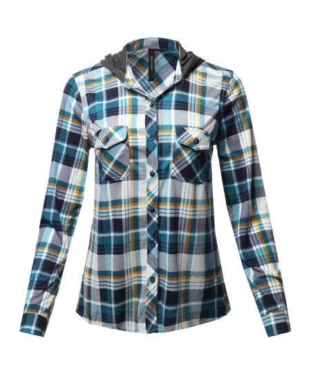 Women's Casual Plaid Checker Mandarin Collar Hoodie Shirt