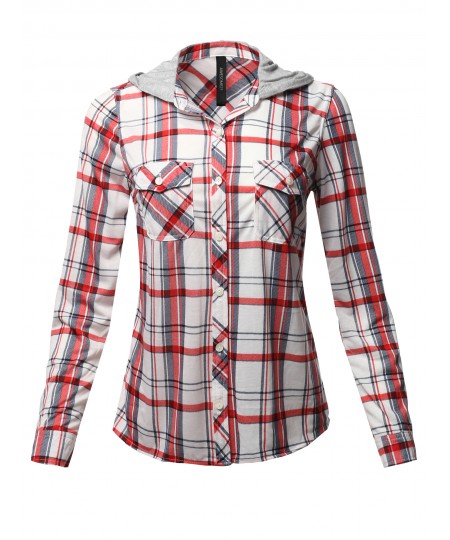 Women's Casual Plaid Checker Mandarin Collar Hoodie Shirt