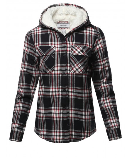 Women's Solid Winter flannel Plaid Button Down Top With Sherpa Fleece Lining