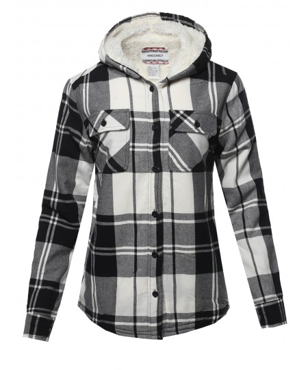 Women's Solid Winter flannel Plaid Button Down Top With Sherpa Fleece Lining