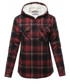 Women's Solid Winter flannel Plaid Button Down Top With Sherpa Fleece Lining