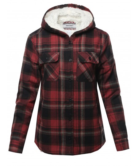 Women's Solid Winter flannel Plaid Button Down Top With Sherpa Fleece Lining