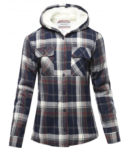 Women's Solid Winter flannel Plaid Button Down Top With Sherpa Fleece Lining
