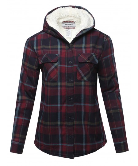 Women's Solid Winter flannel Plaid Button Down Top With Sherpa Fleece Lining