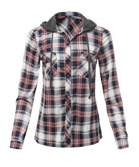 Women's Classic Plaid Cotton Hoodie Button-up Flannel Shirts