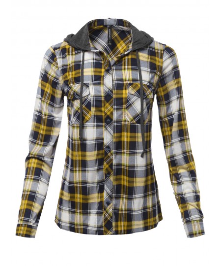 Women's Classic Plaid Cotton Hoodie Button-up Flannel Shirts