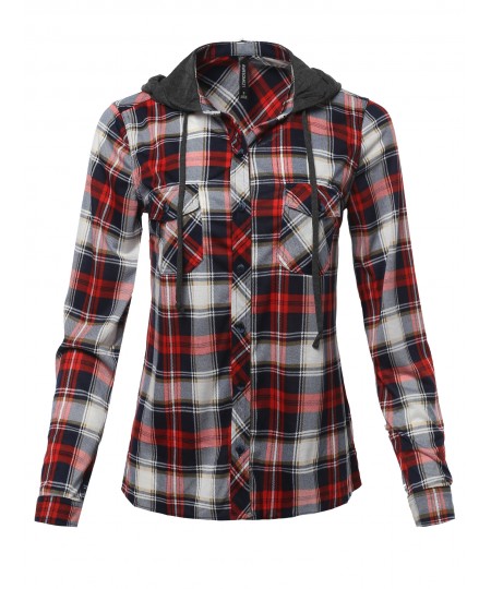 Women's Classic Plaid Cotton Hoodie Button-up Flannel Shirts