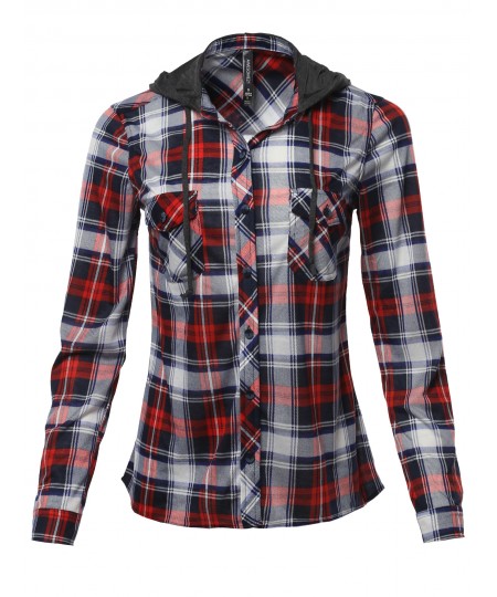 Women's Classic Plaid Cotton Hoodie Button-up Flannel Shirts