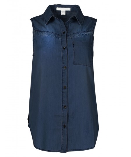 Women's Soft Denim Chambray Sleeveless Fringe Button Down Shirt Top