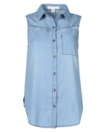 Women's Soft Denim Chambray Sleeveless Fringe Button Down Shirt Top