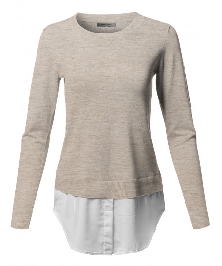 Women's Classic Soft Stretch Shirt Tail Contrast Viscose Sweater Top