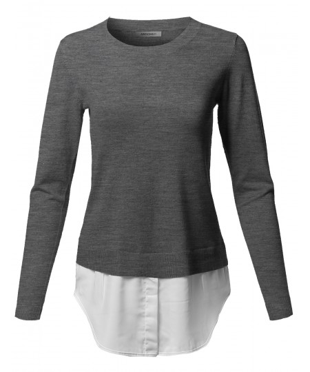 Women's Classic Soft Stretch Shirt Tail Contrast Viscose Sweater Top