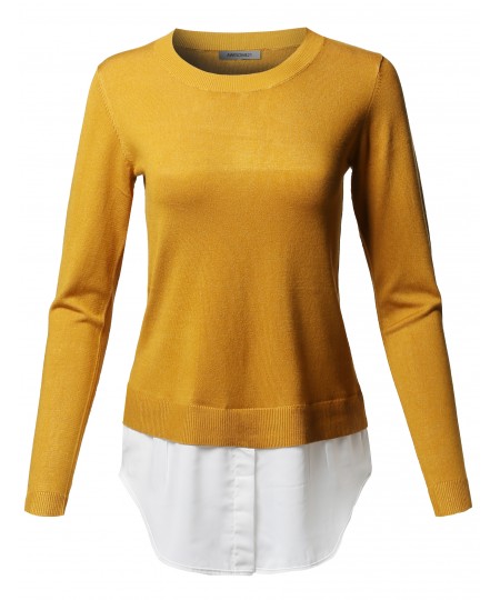 Women's Classic Soft Stretch Shirt Tail Contrast Viscose Sweater Top