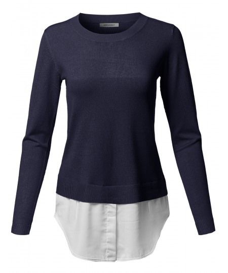 Women's Classic Soft Stretch Shirt Tail Contrast Viscose Sweater Top