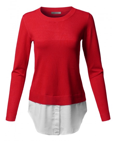 Women's Classic Soft Stretch Shirt Tail Contrast Viscose Sweater Top