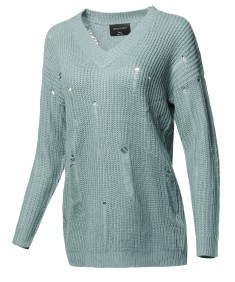 Women's Casual Solid Stretch Long Sleeve V-neck Distressed Knit Sweater