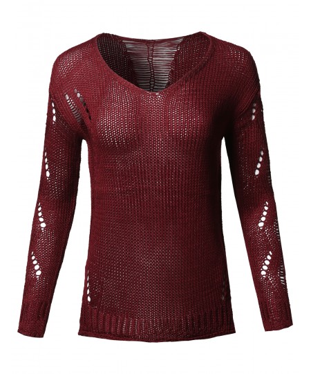 Women's Casual Solid Stretch Long Sleeve V-neck Distressed Knit Sweater