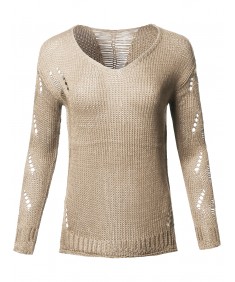 Women's Casual Solid Stretch Long Sleeve V-neck Distressed Knit Sweater