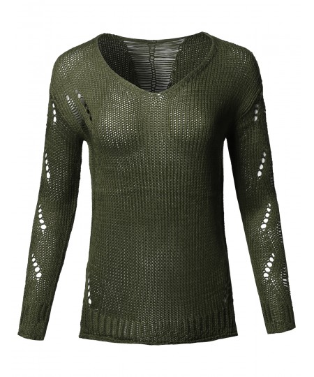 Women's Casual Solid Stretch Long Sleeve V-neck Distressed Knit Sweater