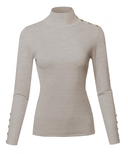Women's Casual Basic Gold Button Detail Soft Long Sleeve Mock Neck Knit Sweater