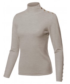 Women's Casual Basic Gold Button Detail Soft Long Sleeve Mock Neck Knit Sweater