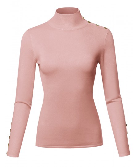Women's Casual Basic Gold Button Detail Soft Long Sleeve Mock Neck Knit Sweater