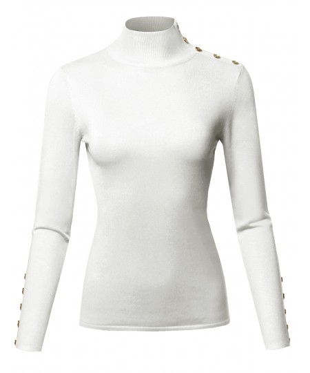 Women's Casual Basic Gold Button Detail Soft Long Sleeve Mock Neck Knit Sweater