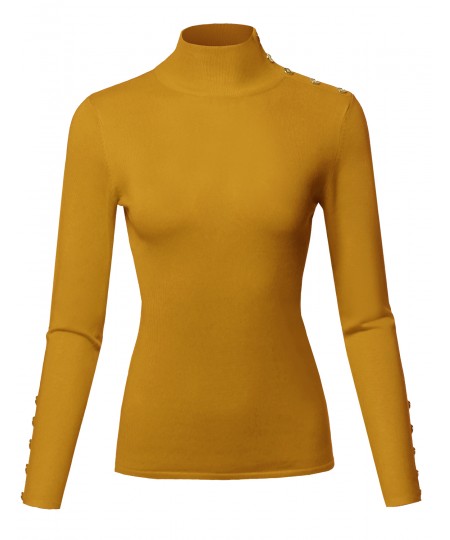 Women's Casual Basic Gold Button Detail Soft Long Sleeve Mock Neck Knit Sweater