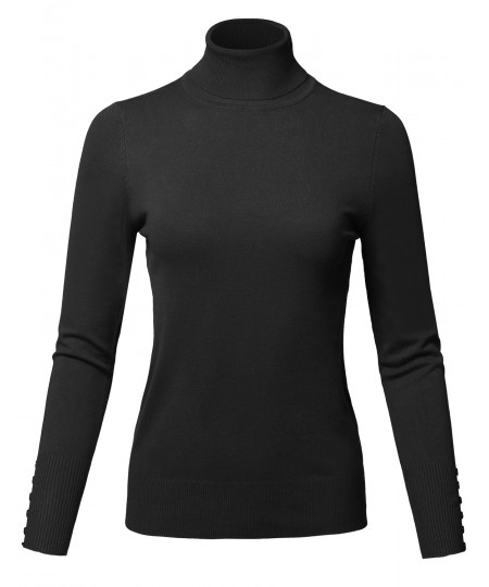 Women's Casual Solid Long Sleeve Button Detail Turtleneck Sweater