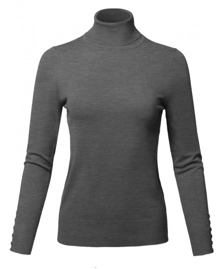 Women's Casual Solid Long Sleeve Button Detail Turtleneck Sweater