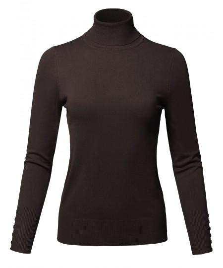 Women's Casual Solid Long Sleeve Button Detail Turtleneck Sweater