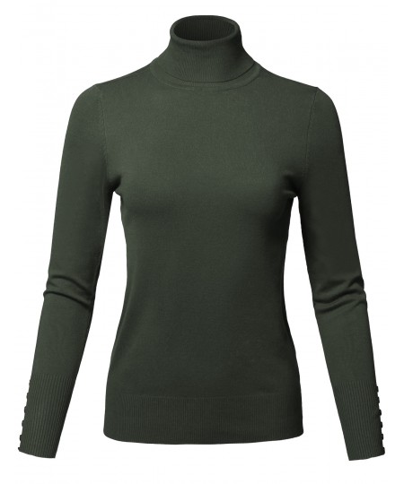 Women's Casual Solid Long Sleeve Button Detail Turtleneck Sweater