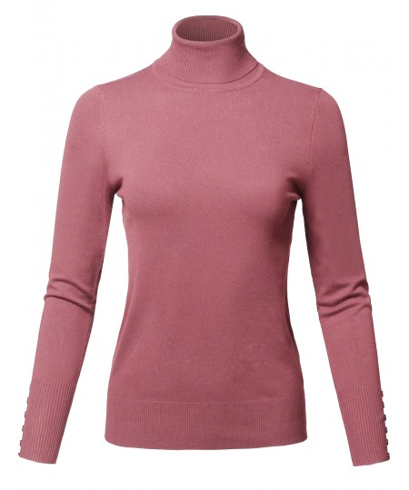 Women's Casual Solid Long Sleeve Button Detail Turtleneck Sweater