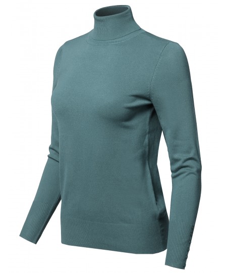 Women's Casual Solid Long Sleeve Button Detail Turtleneck Sweater