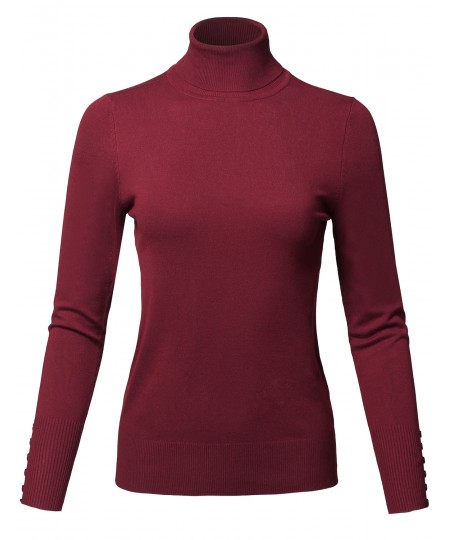 Women's Casual Solid Long Sleeve Button Detail Turtleneck Sweater