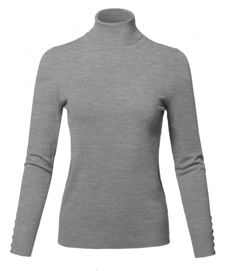 Women's Casual Solid Long Sleeve Button Detail Turtleneck Sweater