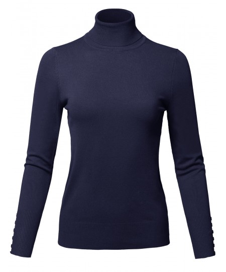 Women's Casual Solid Long Sleeve Button Detail Turtleneck Sweater