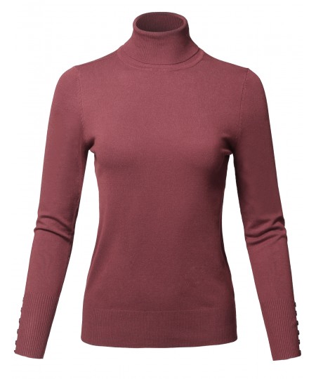 Women's Casual Solid Long Sleeve Button Detail Turtleneck Sweater