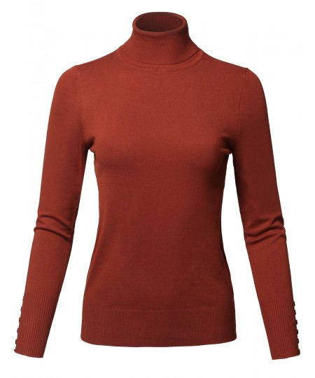 Women's Casual Solid Long Sleeve Button Detail Turtleneck Sweater