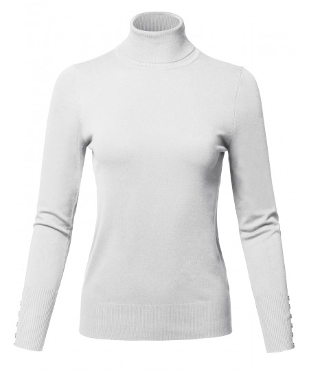 Women's Casual Solid Long Sleeve Button Detail Turtleneck Sweater