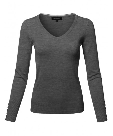 Women's Classic Casual Solid Long Sleeve V-Neck  Pullover Sweater