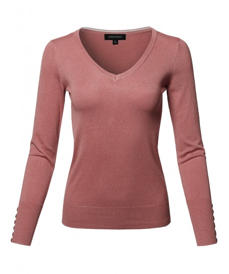 Women's Classic Casual Solid Long Sleeve V-Neck  Pullover Sweater
