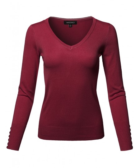 Women's Classic Casual Solid Long Sleeve V-Neck  Pullover Sweater