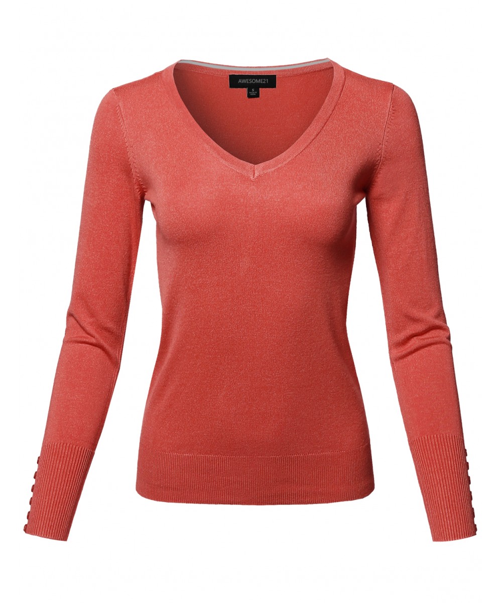 Women's Classic Casual Solid Long Sleeve V-Neck Pullover Sweater ...